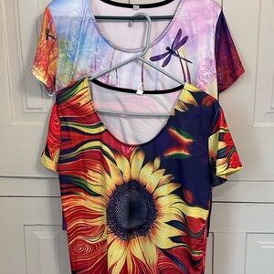 Vibrant Sunflower and Dragonfly Women's Short Sleeve Tops